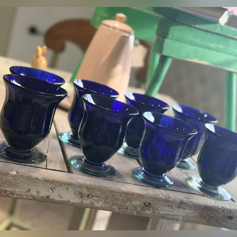 8 Handblown Cobalt Drinking Glasses. 4”T. Pedestal | Vintage | Vibrant | EUC